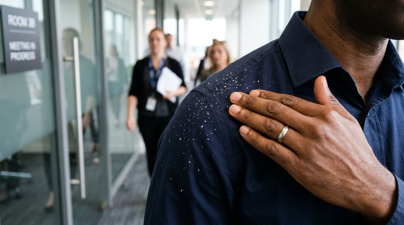Man brushing white flakes off navy shirt shoulder before a meeting